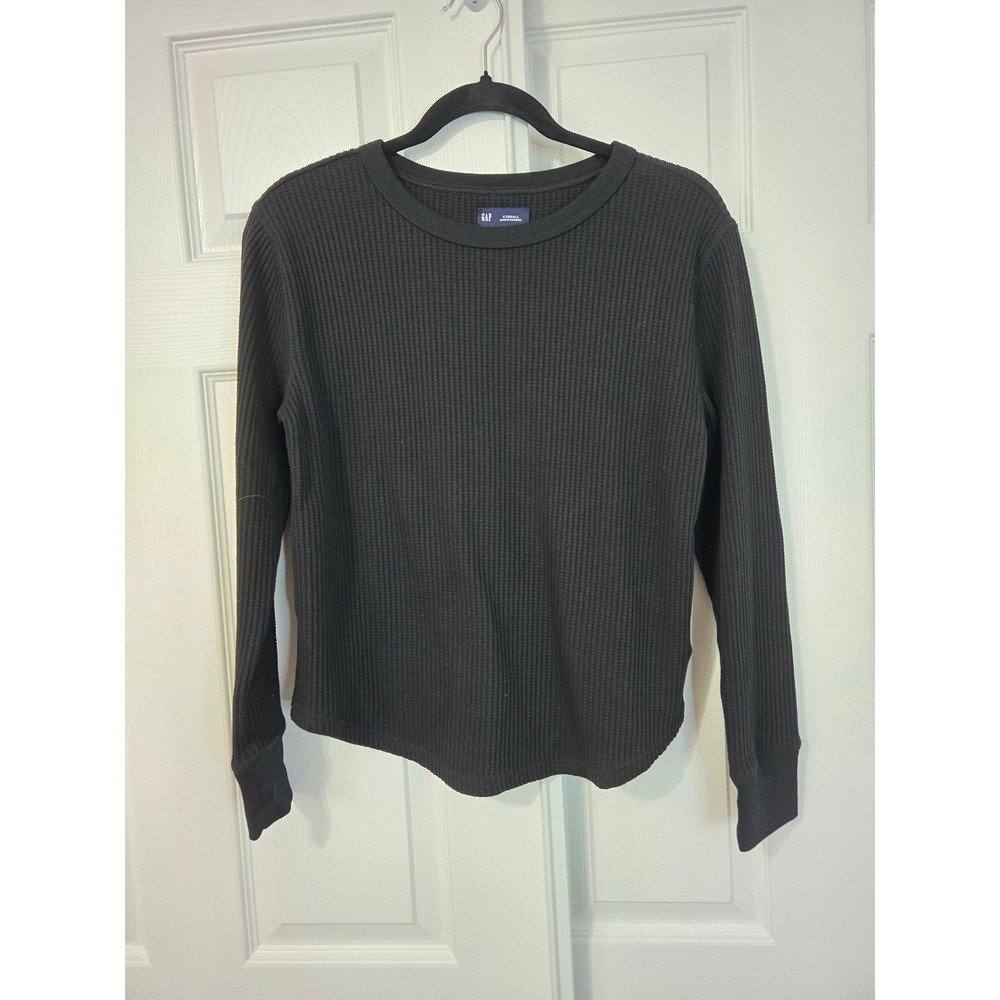 Gap Womens Black Waffle Knit Thermal Long Sleeve Crew Neck Curved Hem Top XXS